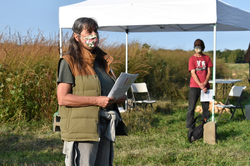 Claudia Knab-Vispo of Hawthorne Valley&nbsp;presents at the Native Meadow Twilight Meeting at the Hudson Valley Farm Hub in September 2021.