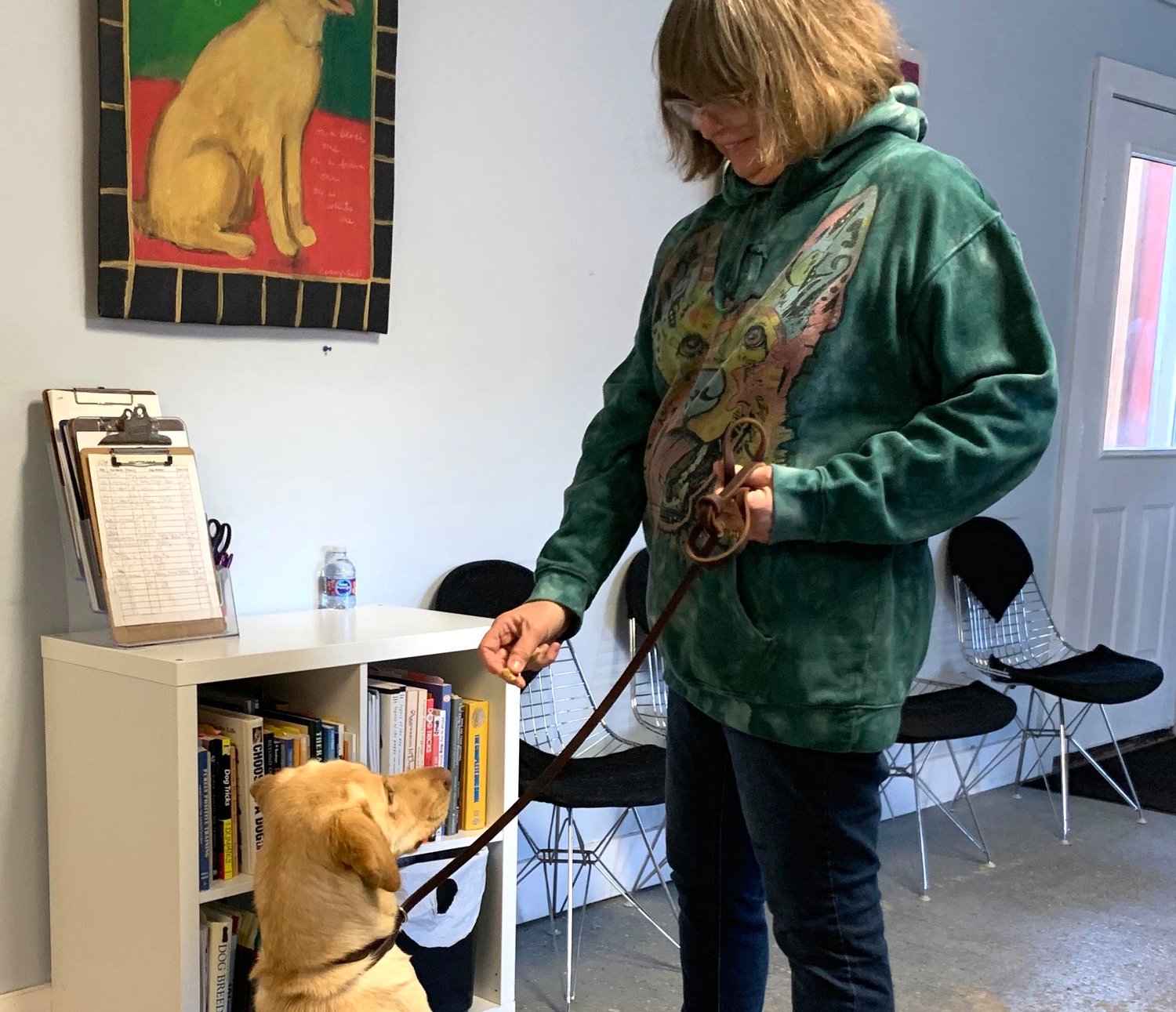 Jane Kopelman, trainer and evaluator, Animals for Adoption, with her therapy dog Shep