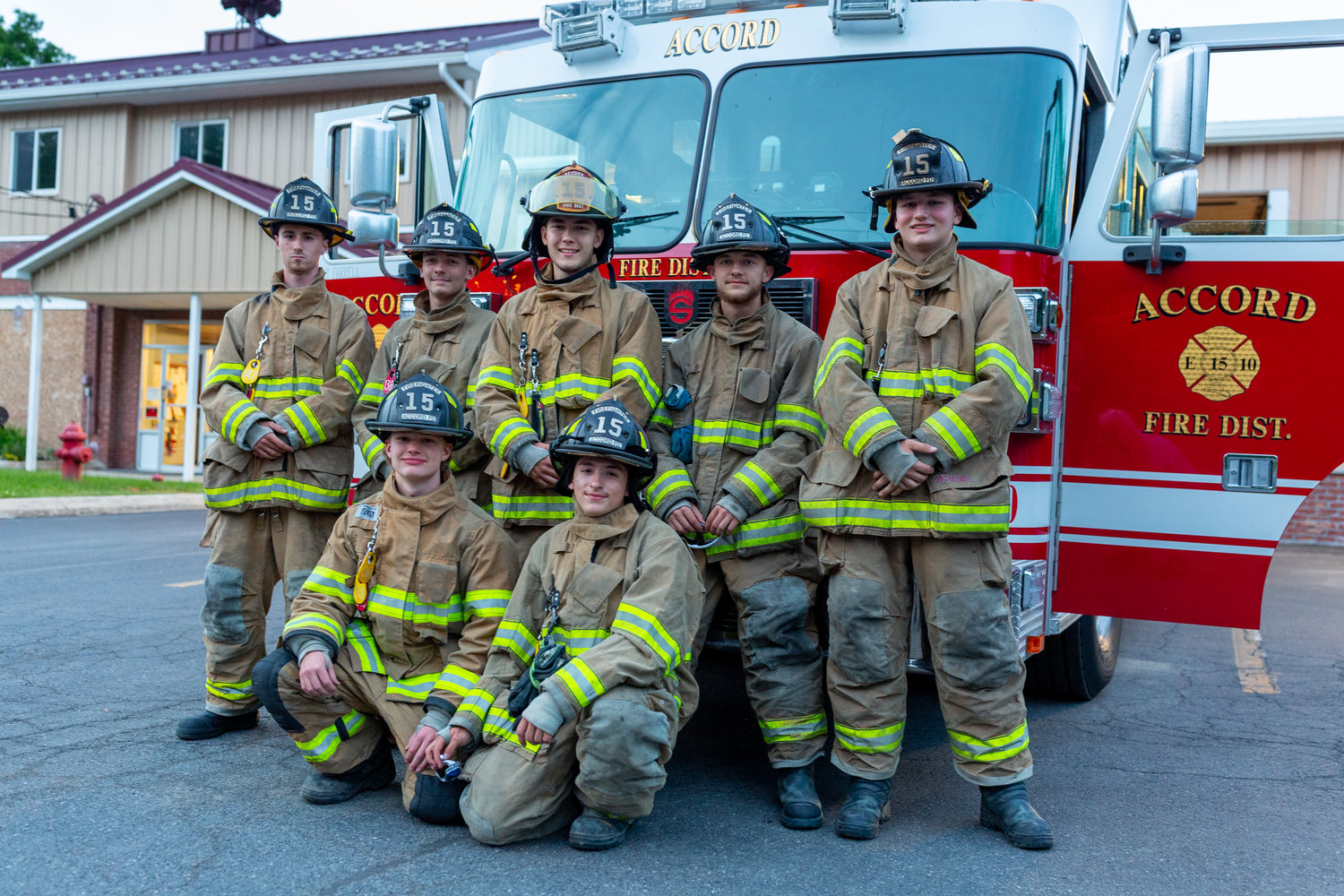 Accord Fire District celebrates seven members as they graduate high school. In front, Landen Frey, AJ Alamio; back, Alex Jente Riley Novi, Danny Birch, Korey Roeber, Tanner Grajewski