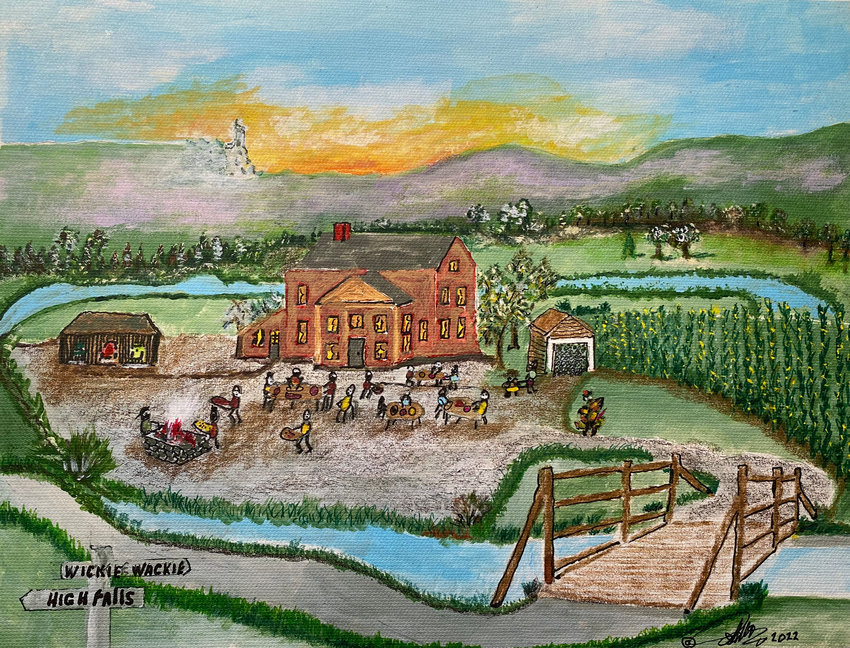 The Wickie Wackie Club, with bridge over the Coxing Kill, painted from memory by John Novi.