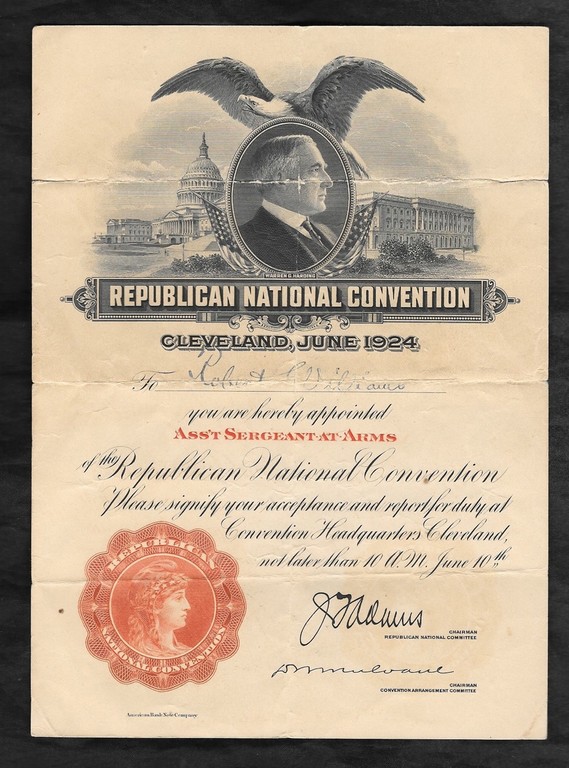 RNC Cleveland OH Appointment Certificate Capitol Coin Stamp