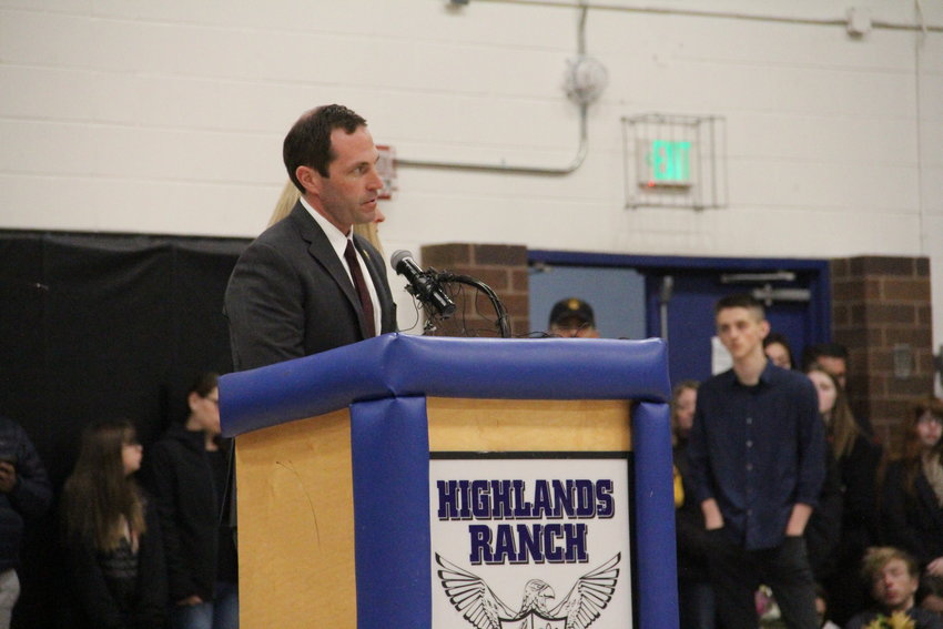 U.S. Rep. Jason Crow, a Democrat whose congressional district includes Highlands Ranch, speaks at a May 8, 2019, vigil at Highlands Ranch High School for STEM School shooting victims and survivors.