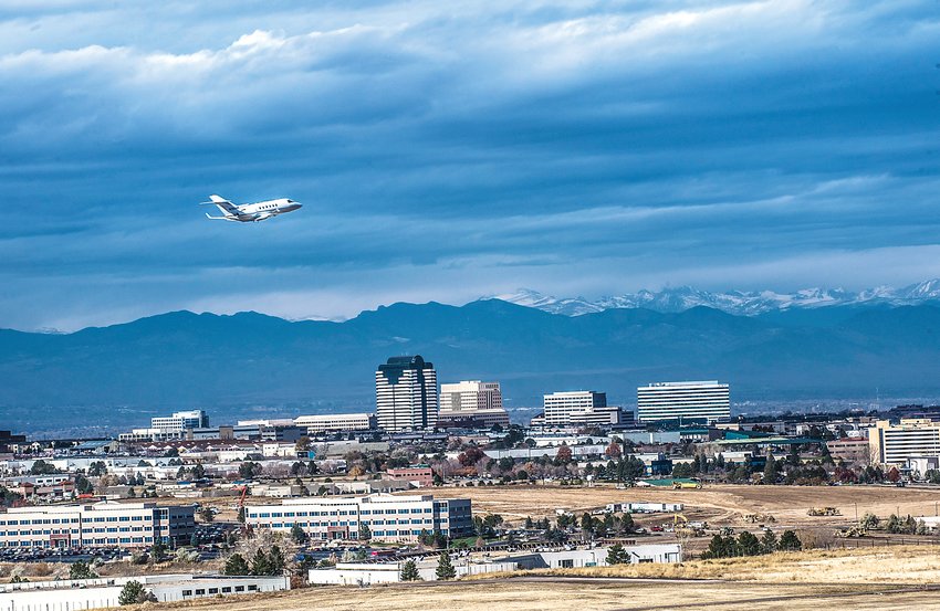 An airplane takes off from Centennial Airport, located in Arapahoe County. The airport is one of the top two busiest in the country for take-offs and landings.