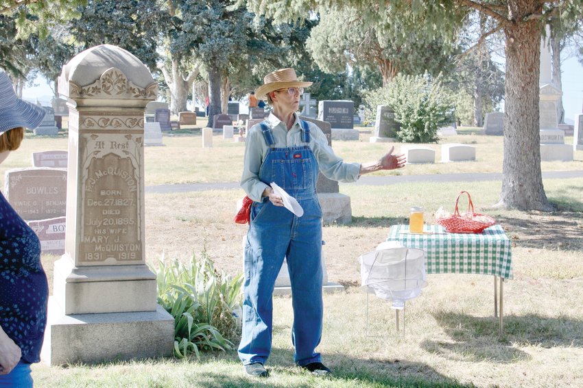 Nancy Young portrays Frank McQuiston at the 2021 Arvada Cemetery Tour. 