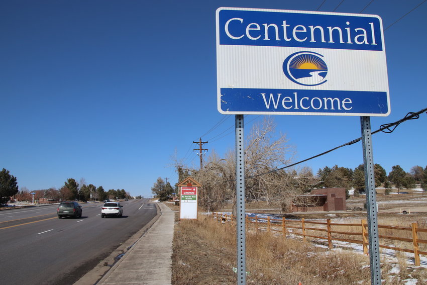 A "welcome" sign pictured on March 7 marking the general area of the Centennial city border along Liverpool Street in east Centennial, just north of Arapahoe Road. It can be difficult to know where the city border lies in Centennial, particularly in the city's east part.