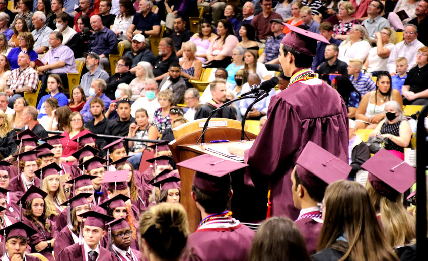 Horizon High School Class of 2022 Salutatorian Jayce Abeyta speaks to a crowd of 430 graduating seniors and their families and friends May 17 in the CU Events Center.
