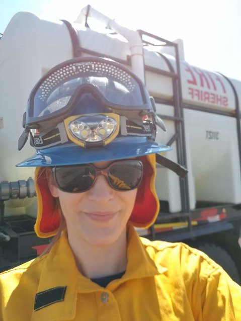 Ashley Cappel during a quarterly training event, preparing for situations where she is in areas that do not have access to hydrants.