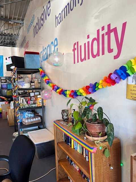 Rainbow-colored streamers decorated the inside of the Transgender Center of the Rockies on June 15, 2022.