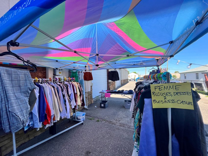 Free clothes displayed at Transgender Center of the Rockies as part of the one-year anniversary celebration of Marsha’s Closet on June 15, 2022.