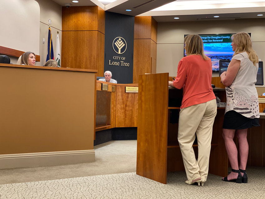 Jennifer Drybread, left, and Michella “Micki” Clark present to Lone Tree City Council during the council's study session on Tuesday, July 19, 2022.
