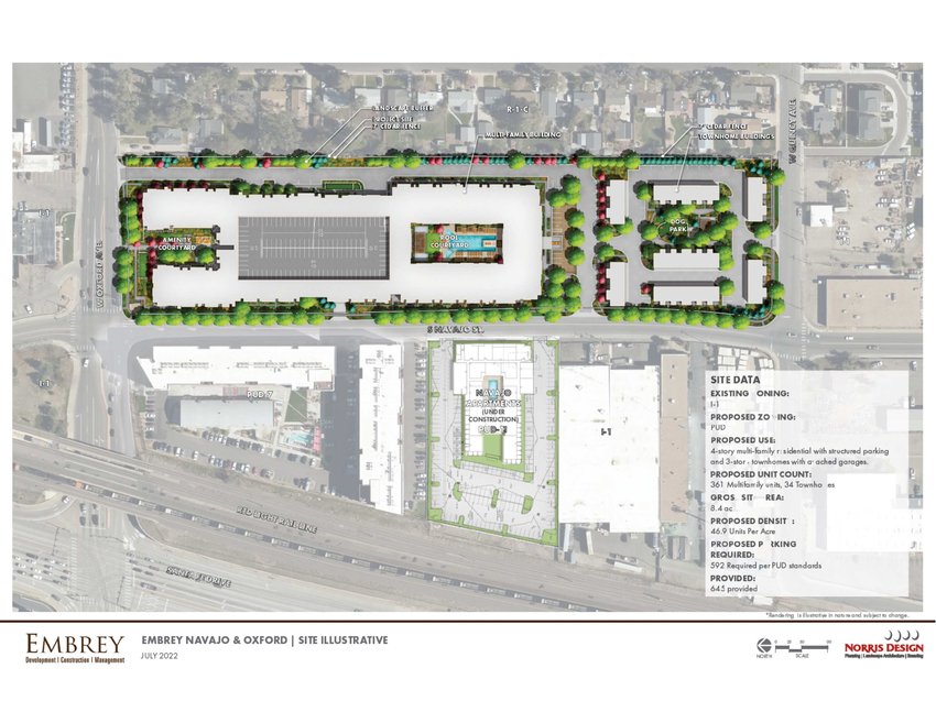 The July 2022 site plan for Embrey Partners' proposed development of a 395-unit townhome and multi-family housing complex in Englewood on a lot near West Oxford Avenue and South Navajo Street.