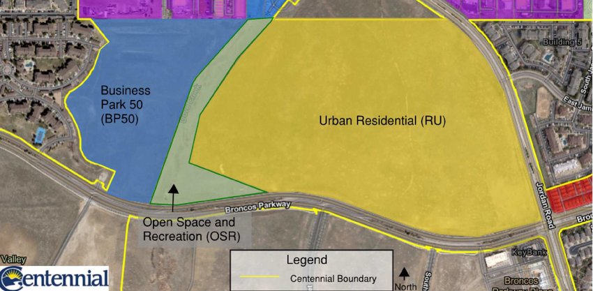 During its Aug. 1, 2022, meeting, Centennial City Council approved three zoning districts for an approximately 111-acre property located north of East Broncos Parkway and west of South Jordan Road.