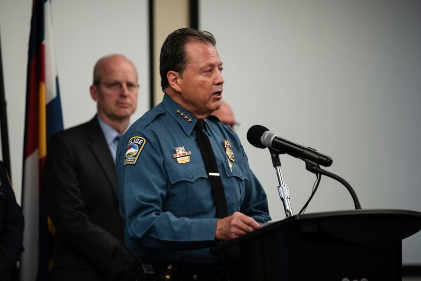 Colorado Springs Police Chief Adrian Vasquez addresses members of the media during a news conference on the morning of Sunday, Nov. 20, 2022, after five people were killed and 17 others were wounded Club Q, in Colorado Springs. Police say another person was injured, but not by gunfire.