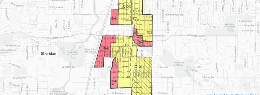 The federal "redlining" map color coded much of Englewood in red. Englewood is one of the few suburban areas graded on the Denver-region map.
