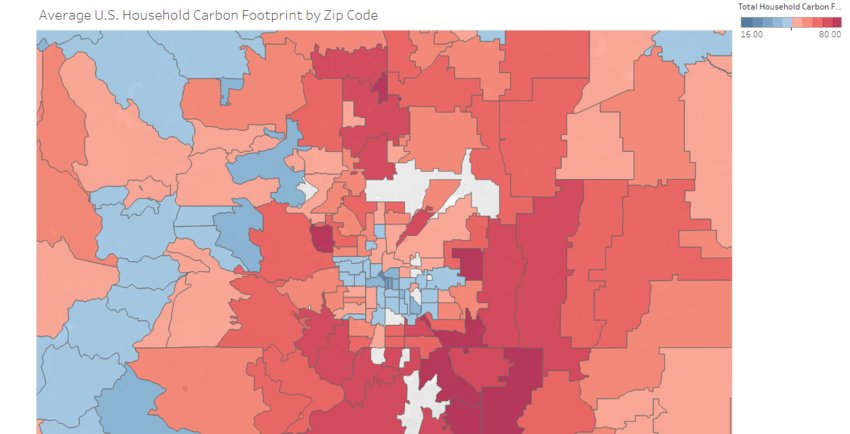 A map of average U.S. household carbon footprint by zip code of a zoomed-in portion of Colorado. The blue zip codes have lower carbon footprints (mostly in Denver, Boulder and mountain counties) while red have higher carbon footprints. The map is a screenshot from the CoolClimate Network. https://coolclimate.org/maps