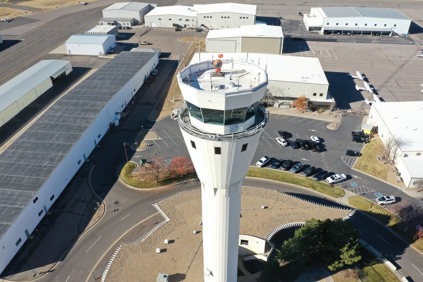 The airport traffic control tower, which opened in 1985, at Centennial Airport.