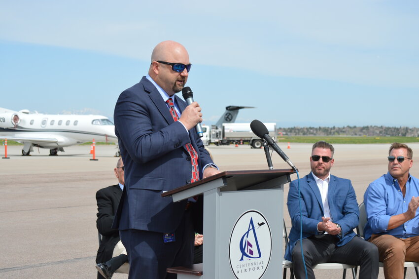 Mike Fronapfel, Centennial Airport’s CEO and executive director, highlighted the partnerships that made bringing unleaded aviation gas to the airport possible at the May 3 event.