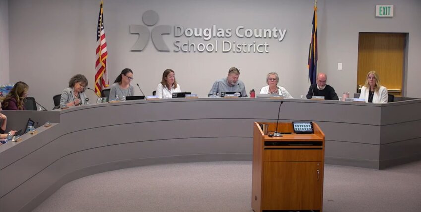 The Douglas County school board discusses proposed revisions to the equity policy on May 8 in a work session. The board is now taking applications to fill the seat that Elizabeth Hanson resigned from in May.