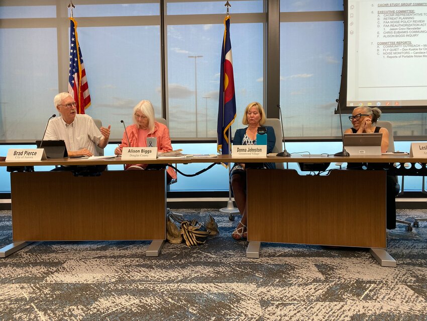 On Aug. 2, 2023, members of the Centennial Airport Community Noise Roundtable spoke with concerned residents. From left to right: Brad Pierce, chair of the roundtable, Alison Biggs, a Douglas County representative, Greenwood Village Councilmember Donna Johnston, and Arapahoe County Commissioner Leslie Summey.