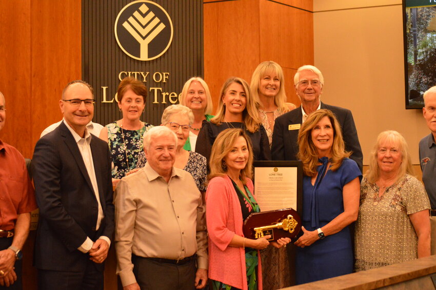 Lone Tree City Council members, former city mayors and community members gathered at the Lone Tree Civic Center on Aug. 1, 2023, to celebrate Pamela Schenck-Kelly, Park Meadows’ senior general manager, and her retirement.
