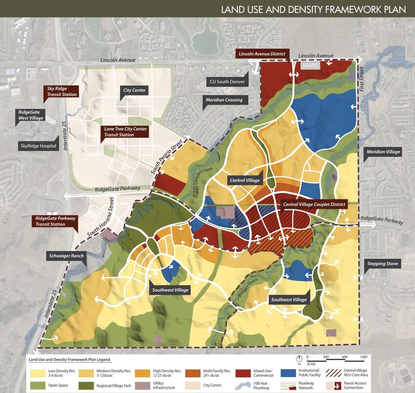 The City of Lone Tree's land use and density framework plan for the RidgeGate East development, which is south of Lincoln Avenue and east of Interstate 25. Planned development includes a city center, commercial districts, a regional park and three residential villages.