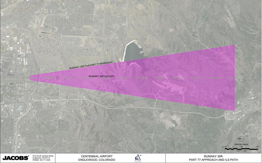 An image provided in the April 26, 2023, letter from Centennial Airport to the City of Lone Tree, showing the instrument landing system approach.
