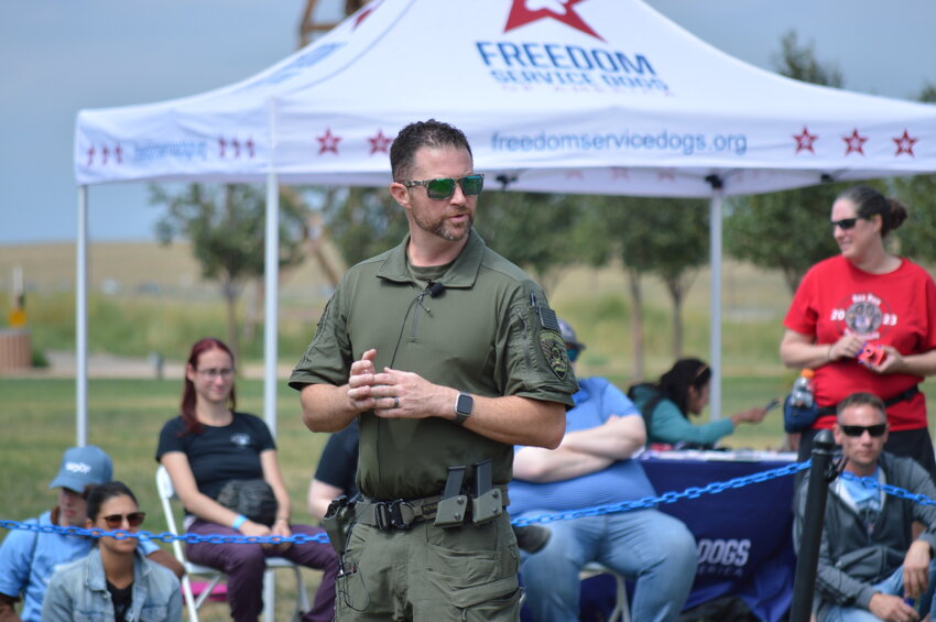 Sgt. Brian Starbuck hosted the Arapahoe County Sheriff’s Office K-9 training demonstrations at the 2023 RexRun, which involved all five therapy dogs and several other patrol dogs showing off their detection skills.