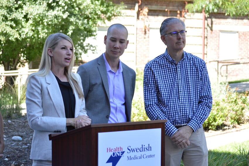 U.S. Rep. Brittany Pettersen, Don Stader and Robert Valuck gathered at the Swedish Medical Center in Englewood on Aug. 31, 2023, to announce the Hospitals As Naloxone Distribution Sites (HANDS) Act.