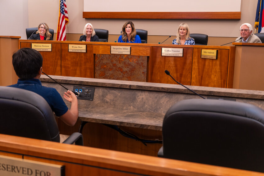Anirudh Rao, 11, spoke to the Lone Tree City Council during the Sept. 5, 2023, city council meeting about his invention of an early tornado detection system.