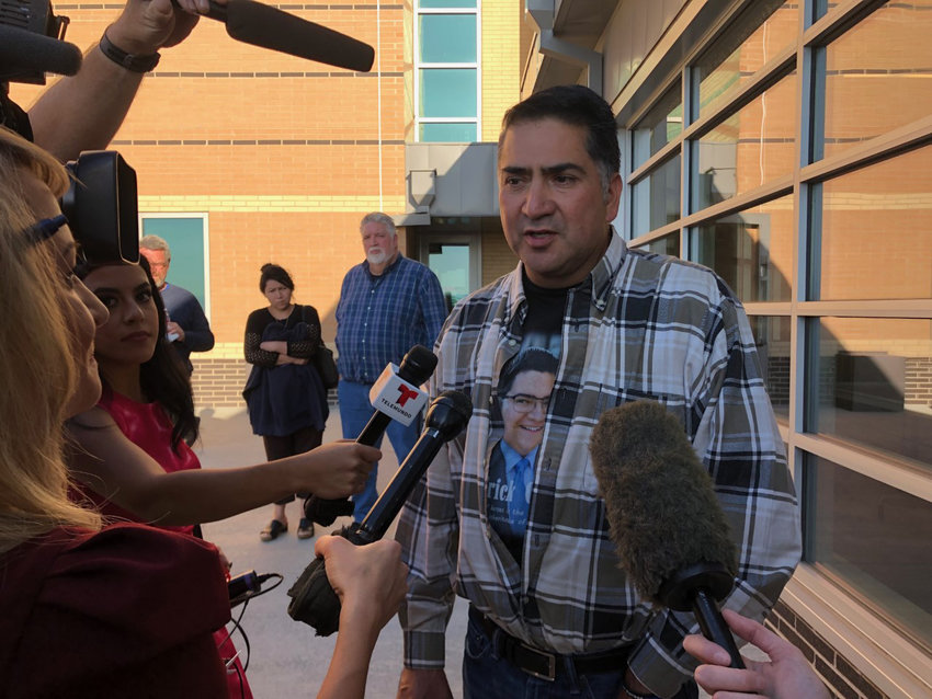 John Castillo speaks with reporters following the first day in a preliminary hearing for one STEM School Highlands Ranch shooting suspect in 2020. Castillo&rsquo;s son, 18-year-old Kendrick, died rushing the older of the two suspects.