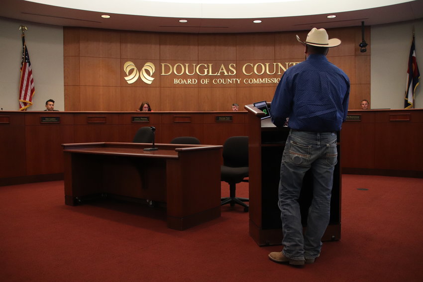 Luke King, a Franktown resident, urges the Douglas County commissioners to opt out of Tri-County Health Department's public health order during an Aug. 19, 2021, meeting.