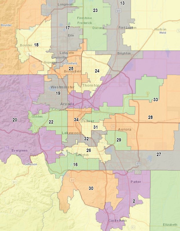 The final map of new state Senate districts in the Denver metro area.