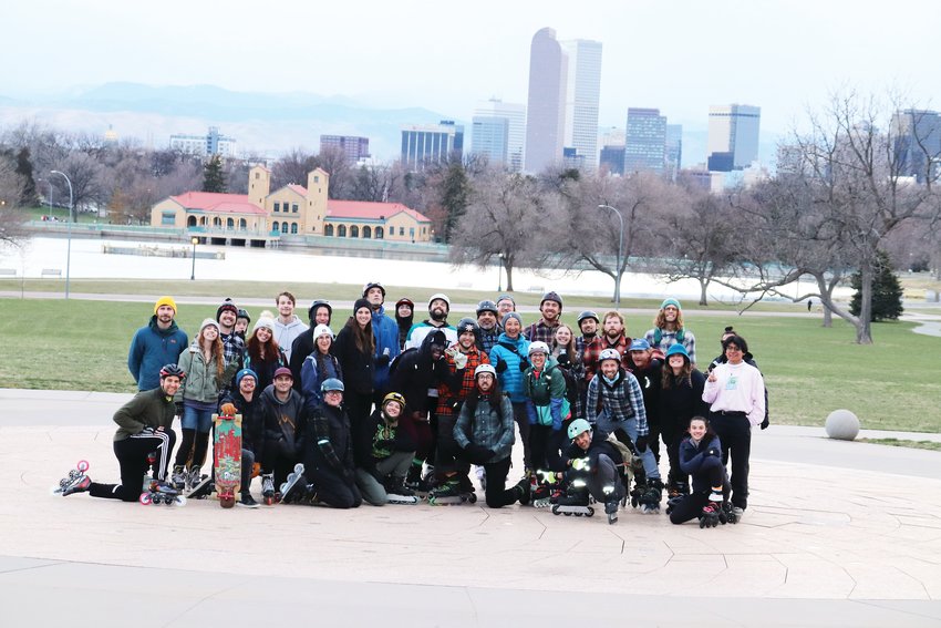 The Denver Urban Skate Troop gather for a group photo&sbquo; a tradition for every Wednesday night skate. This photo was taken at City Park in Denver.