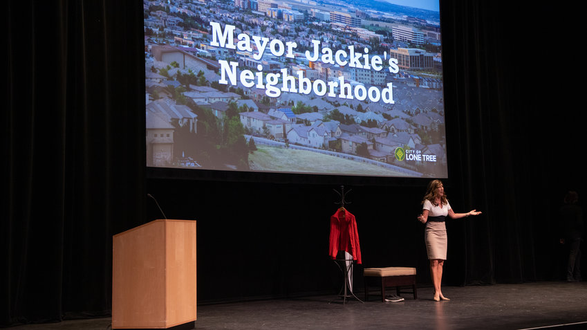 Lone Tree Mayor Jackie Millet gives her Mr. Roger's themed State of the City on May 10 at the Lone Tree Arts Center.