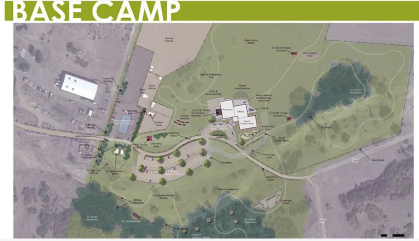 A map shows where the proposed Environmental Education Center would be constructed at the Backcountry Base Camp area. The center would house a nature preschool, classrooms for events and camps, and offices for the backcountry staff.