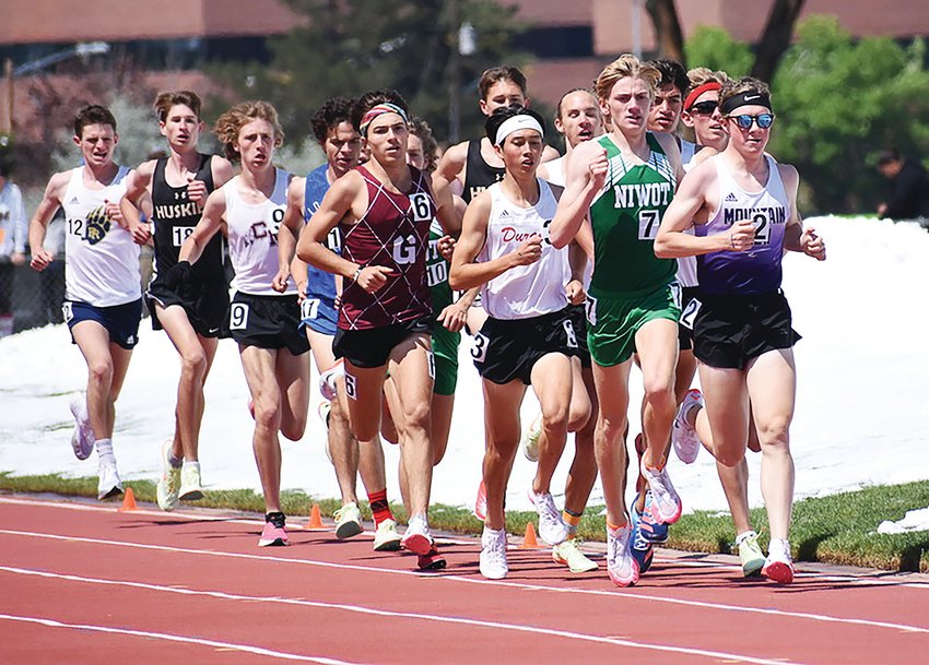 Golden senior Bryce Reeburgh (6) runs during the Class 4A boys 3,200-meter final during the Colorado state track and field championships Saturday, May 21, at Jeffco Stadium. Reeburgh placed 6th in the 3,200 and 4th in the 1,600 on Sunday.
