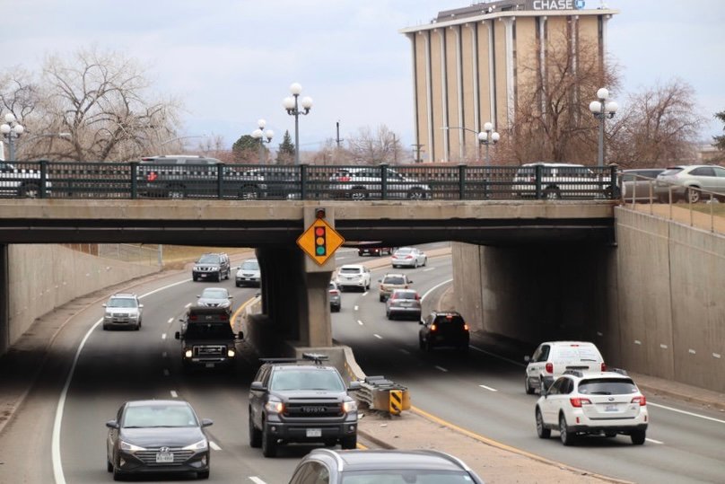 The South Broadway bridge seen over traffic on U.S. Highway 285 &mdash; known as Hampden Avenue in Englewood.