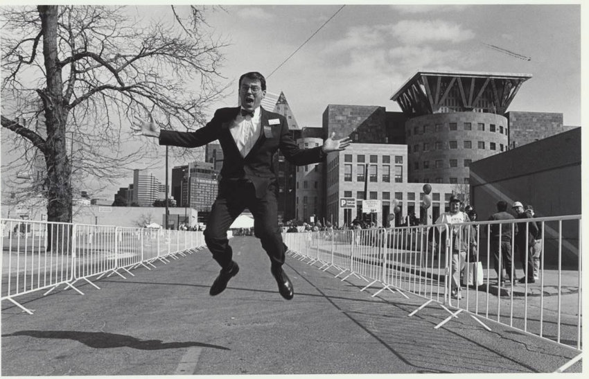 &ldquo;Rick Ashton, Jumping Librarian&rdquo; by Denver photographer Robert Weinberg. Ashton was head librarian in the 1990s and he made this leap to celebrate the progress of work on Denver Public Library&rsquo;s Central Library.