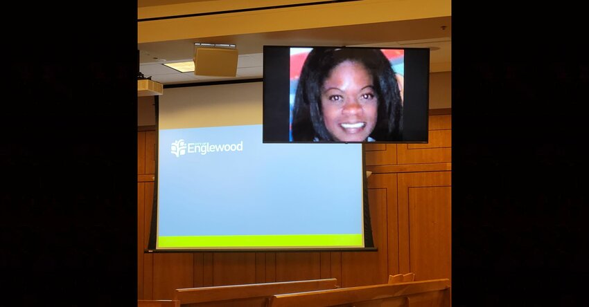 This still image of Englewood City Councilmember Cheryl Wink appeared on a screen in the May 15 council meeting as Wink responded remotely to complaints that she has frequently failed to show up for council meetings.