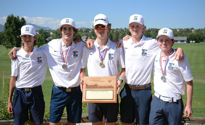 From right to left; Evergreen golfers Luke Sabina, Lincoln Mackay, Tyler Long, Jackson Garrett and Liam Houlihan pose with the Class 4A Jeffco League boys golf plaque Tuesday, Sept. 12, at West Woods Golf Club in Arvada. The Cougars won their fourth straight league title and Long captured his third individual medalist title.