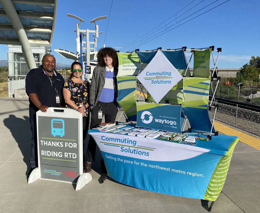 From left, RTD&rsquo;s Wendell Smith, Logynn Ascher of Commuting Solutions and RTD&rsquo;s Kelsie Ryan greeted morning riders at Westminster Station on Sept. 20. Credit: Jane Reuter