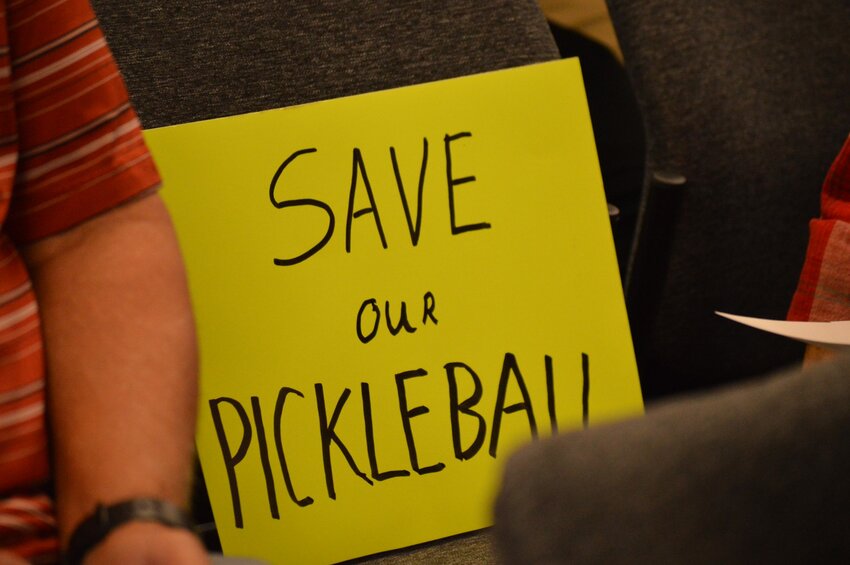 A resident brought a sign that said, &ldquo;Save our pickleball,&rdquo; to the Sept. 19, 2023, Centennial City Council meeting.