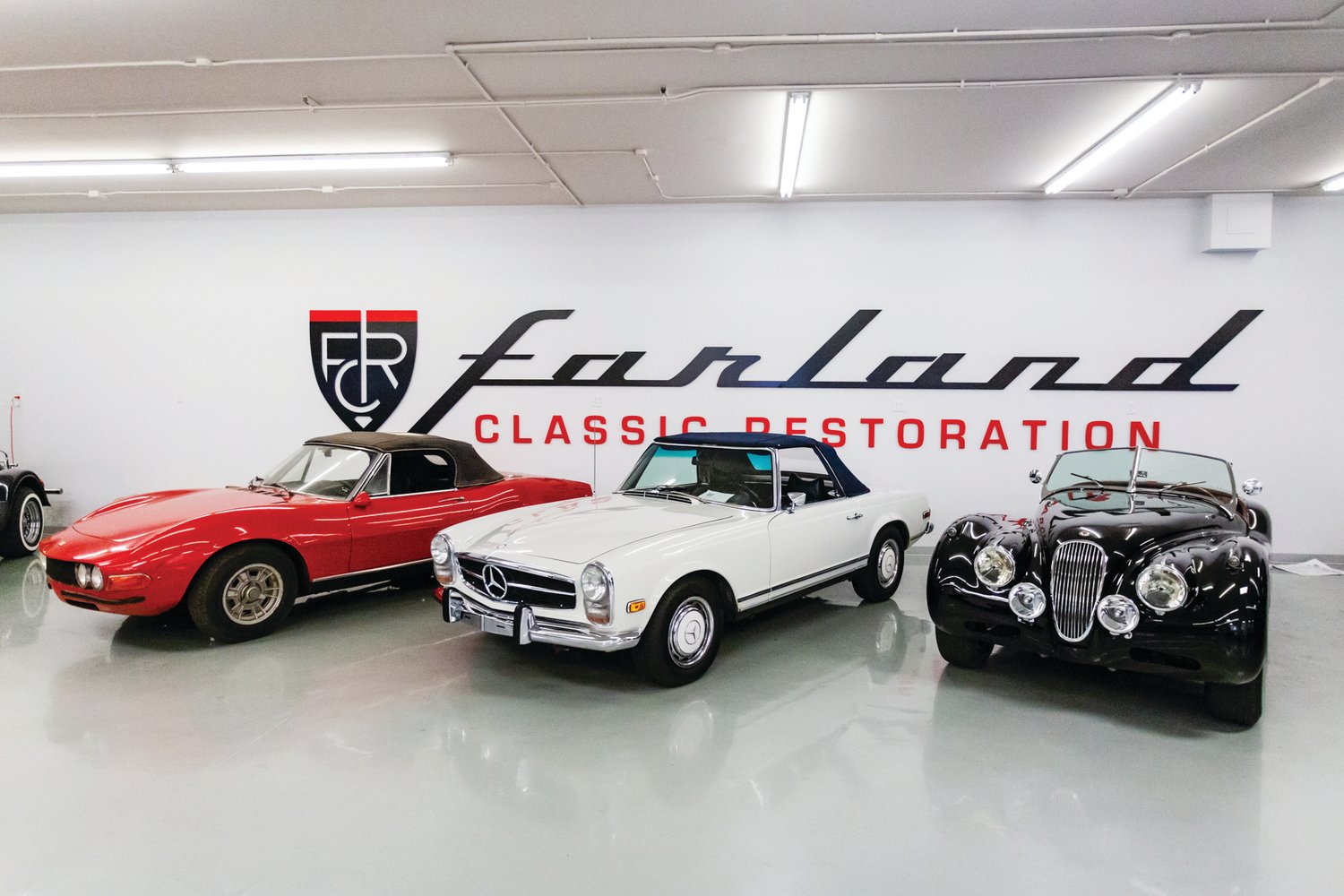 Farland Classic Restoration restores vintage cars such as this 1967 Fiat Dino, 1969 Mercedes-Benz 280SL and 1954 Jaguar XK120.