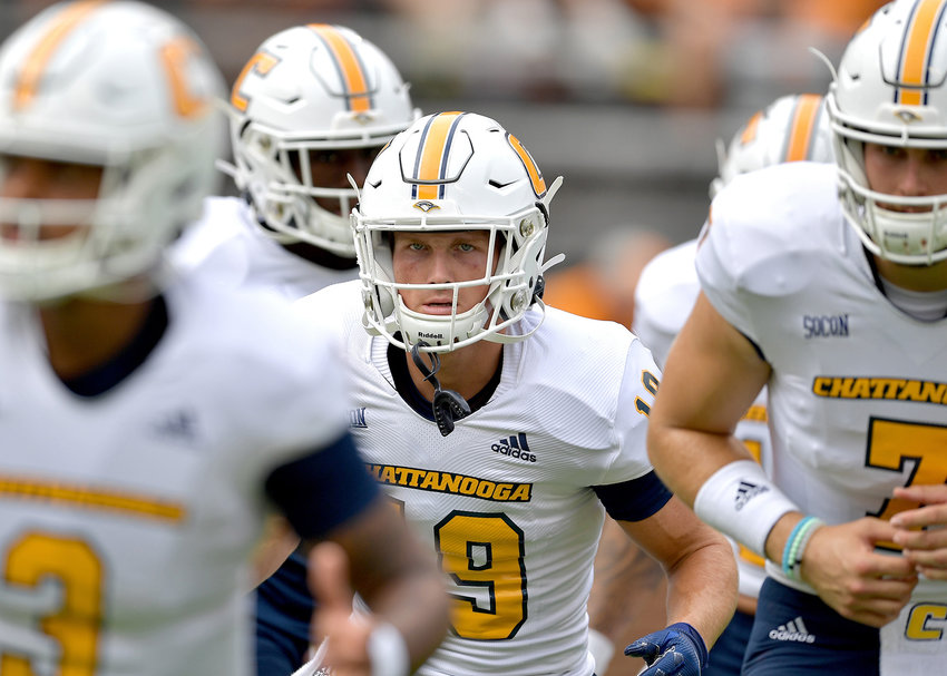 Chattanooga Mocs wide receiver Bryce Nunnelly (19) warms up prior to the start of the first half of the NCAA football game between the Mocs and the Tennessee Volunteers Saturday, Sept. 14, 2019, at Neyland Stadium in Knoxville Tenn. Tennessee shuts out Chattanooga 45-0.