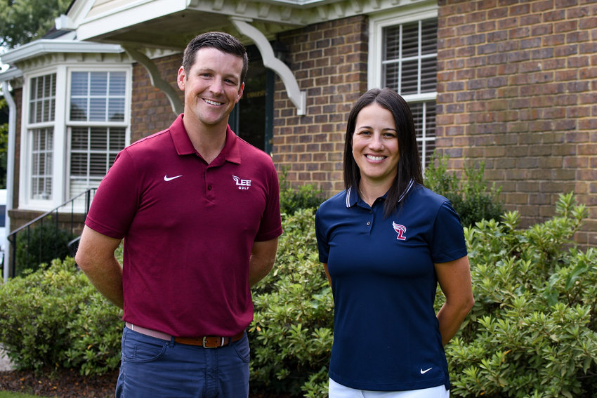 LEE UNIVERSITY Director of Golf John Maupin, left, welcomes new assistant and former Lady Flame All-American Geandra Almeida back to the program.