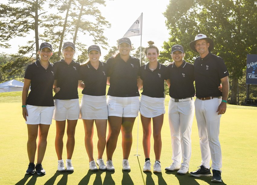 THE LEE Lady Flames golf team finished fourth at the D-II national championship Thursday, In Gainesville, Ga. From left, coach Geandra Almeida, Alex Naumovski, Carson McKie, Emily Felix, Lily Bloodworth, Supuschaya Srinchantamit and coach John Maupin.