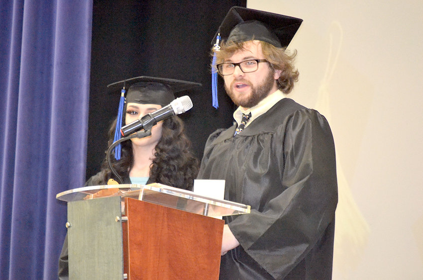 GOAL ACADEMY GRADUATE Hayden Hicks addresses the audience at Saturday&rsquo;s graduation ceremony at Ocoee Middle School. With Hicks is Brooklyn Hancock, who also spoke.