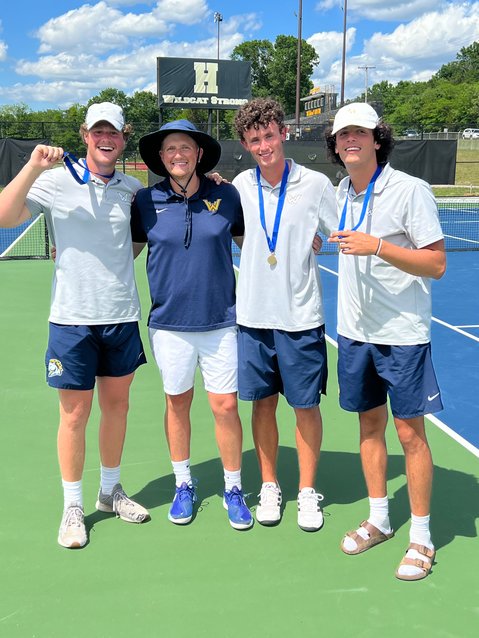 THE WALKER VALLEY MUSTANGS boys tennis team scored a championship win at the Region 3 finals Monday, at Hixson High School. In doubles play, Jackson Gibson and Coleton Terry defeated East Hamilton's Evan Seo and Seth Nero 6-1, 6-4. Ethan Pritchard and Josh Hales (East Hamilton) defeated Brett Hurst and Hank Logsdon. In doubles finals, Gibson/Terry beat Pritchard/hales 3-6, 7-6, 6-3. In singles semifinals, Walker Valley's Jacob Johnson won over East Hamilton's Aarav Amin 6-0, 6-0. McMinn County's Tucker Monroe ousted East Hamilton's Will Harding 3-6, 6-1, 6-1. Johnson came out on top in the championship defeating Harding, 6-2, 6-3. From left, Jackson Gibson, coach Jordan Wilcutt, Jacob Johnson and Coleton Terry.