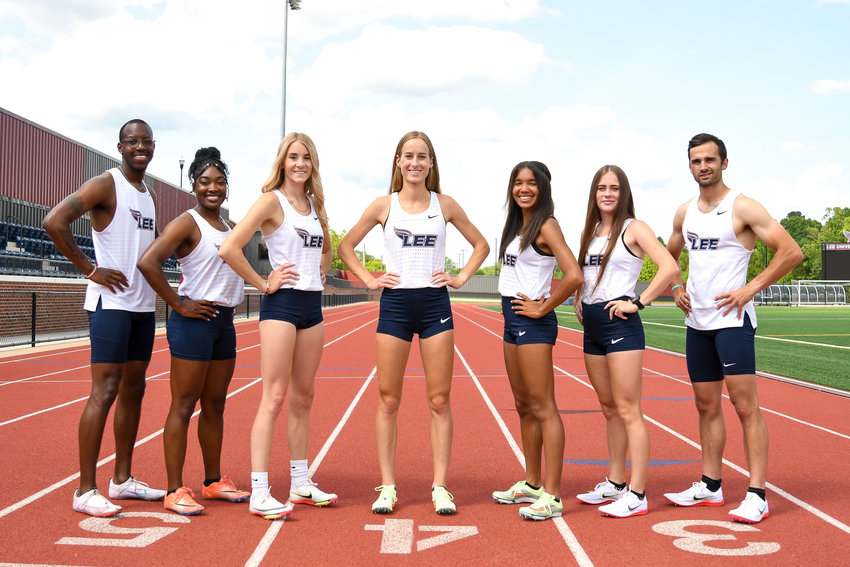 EIGHT LEE RUNNERS are headed to the 2022 NCAA D-II Outdoor Track &amp; Field Championships, in Allendale, Mich. From left: Jeremiah McCain, Kristen Blevins, Carissa Hall, Celine Ritter, Aria Hawkins, Toni Moore and Wynand Du Toit. Not pictured is Titus Lagat.
