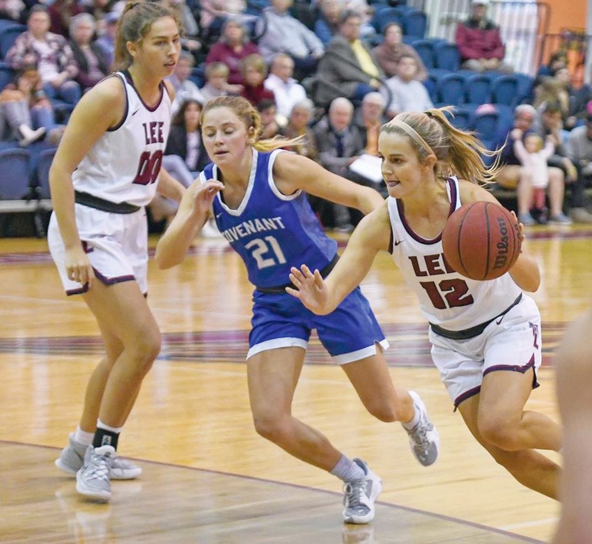 FORMER BRADLEY CENTRAL all-staters Halle Hughes (12) and Anna Muhonen (00) were key components in the Lee University Lady Flames hoop success this past season.